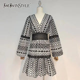 TWOTWINSTYLE Black Embroidery Casual Dress Females V Neck Bishop Long Sleeve Gathered Waist Mini Dresses For Women 2022