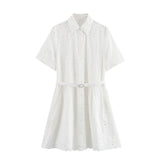 New Hollowed-Out Embroidery With Belt Short Dress 4877010-Outfit