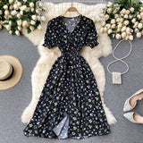 Dress Women's Aging Bubble Cuff Buckle Slimming Medium-Long Heart Machine Forked Retro Broken Flower Platycodon Grandiflorum Skirt-Outfit