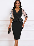 Fongt Summer New Mesh Velvet Bubble Sleeve V Neck Fashion Elegant Bag Of Hip Dress
