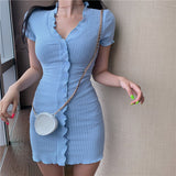 Korean Styles Short Sleeve Button Down Solid Color V-neck Party Mini Dress Feminina Bodycon Dress Robe