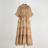 Fongt And Autumn New Court Style Small Retro Hollow High-End Lace To Receive Short-Sleeved Collar Long Dress