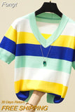 Striped V-Neck Pullover Women Short Sleeve T Shirt New Thin Summer Tops Knitted Tshirts Korean Fashion Womens