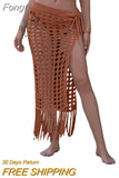 Women’s Sexy Bikini Cover Up Sheer Hollow Out Beach Dress Maxi Knit Skirt Split Tassels Crochet Cover Up Skirts Beachwear
