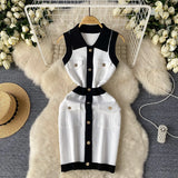 Fongt Luxury High Sense Sleeveless Knitted Dress Female Polo Collar Single Buckle Design Niche Sister Temperament Dress
