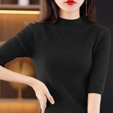 Fongt Summer Slim Head Five Minute Sleeve Bottom Top New Half High Collar Solid Color Simple Medium Sleeve Sweater Women-Outfit