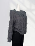 Fongt Not Pierced Hole Round Neck Tassel Sweater Women's Design Sense Bottom Waste Earthen Top Loose Sweater-Outfit