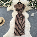 Fongt Chic Summer Dress Niche Retro Polo Collar Short-Sleeved Striped Dress Female Waist Temperament Open Long Dress