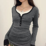 Contrast Color Breasted U Neck Long Sleeve Tee-Outfit