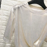 Fongt Ebay Summer Korean Version Loose Shiny Reflective Short-Sleeved T-Shirt Women-Outfit