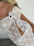 Lace Sheer Tube Tie Up Slit Top-Outfit