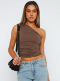 Solid Color One Shoulder Backless Shrink Tank Top T-Shirt Candy Color Tight Sexy Sleeveless Neckless Slim Casaul Top-Outfit