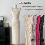 Women Fashion Solid Midi Dress Vintage Backless Sling Dress Thin Straps Female Dresses