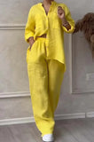 Fongt New Women's Solid Color Single-Button Long-Sleeved Shirt Two Sets Of Wide Leg Trousers With