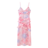 New Spring Style Two-Color Slim Printed Lotus Leaf Lace Dress-Outfit