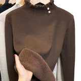 Wool Coat Female Autumn Winter New Women's Warm Simple Half High Collar Inside The Set Soft Waxy Knit Bottom Shirt-Outfit