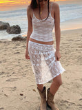 White Lace Sheer Tank Top And Midi Skirt Set-Outfit