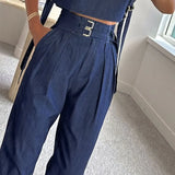 Fongt 2025 New Solid Color Flying Sleeve Drifting With Short Tops To Wear Straight Trousers Set