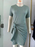 Summer New Round Collar Short Sleeve Strap Wrap Hip Knit Dress Woman-Outfit