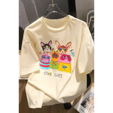 Creative Cartoon Cats Cute Graphic T Shirts 2023 Korean Brand Streetwear Casual Short Sleeve Tops Summer Large 2XL