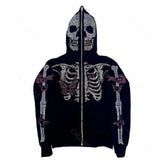 Hip Hop Joggers Sweatshirt Punk Sport Coat Pullover Skeleton Rhinestone Gothic Long Sleeve Zip Hoodie Y2k jacket men hoodies