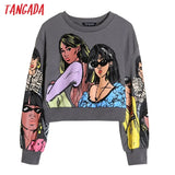 2021 Women Charater Print Crop Sweatshirts Oversize Long Sleeve Loose Pullovers Female Tops