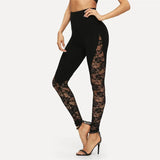 Elegant Women Skinny Sports Trousers Embroidery Heart Patchwork Sheer Mesh Pants Autumn Drawstring High Waist