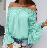 Long Dot Sleeve Chiffon Off-shoulder Off-the-neck Hollow-out Loose