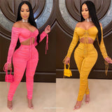 Up Drawstring Two Piece Set Women Off Shoulder Crop Top Ruched Stacked Pants Elegant 2 Piece Set Club Outfits Matching Sets-Outfit