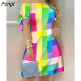 Ptint Colorblock Off Shoulder Tie Detail Casual Dress