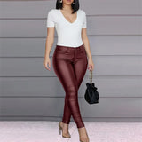 Fongt Women's Pants Solid Color PU Leather Pants Sexy Small Foot Pants Spicy Trousers High Waist Thin