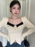 Temperament Black Collar Knitted Shirt 2025 Spring And Autumn New Open Fork Thin Short Bottom Long Sleeve