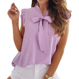 Women Blouses Short Sleeves Shirt Summer Bow Lace Up Polka Dot Female Tops Ruffle Pullover Vintage