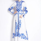 Fongt Retro Elegant Print Dress Women's Spring New French Court Style Waist Single Buckle Long Dress