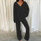 Autumn Winter Women 2PCS V Neck Long Sleeve Blouse Suits Matching Sets Casual Wide Leg Trousers Sets Solid Homewear
