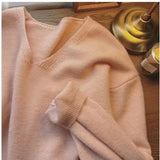Autumn And Winter New Large Version Of Korean V-Collar Solid Color Lazy Breeze Loose Sweater Blouse-Outfit