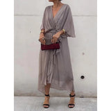 Fongt New Women's Solid Color With Long Skirt Bat Sleeve Irregular Dress
