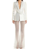 Fongt Spring And Summer New Hollow Nail Bead Three-Dimensional Flower Suit Pearl Brighten Mesh Trousers Set
