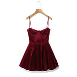 Red Velvet Strap Flare Mini Dress-Outfit
