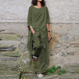 ZANZEA Fashion 2PCS Wide Leg Pants Sets Spring O-Neck Long Sleeve Blouse Suits Oversized Women's Tracksuit Casual Solid