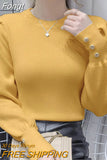 Autumn Round Neck Puff Sleeve Chic Knitted Pullovers for Women Elegant Fashion Button Sweaters Bottoming Shirt Korean