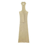 Beige Draped Halter Neck Knit Midi Dress-Outfit