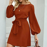 Chiffon solid color plus size loose simple lantern sleeve dress belt slim temperament women's clothing 2020