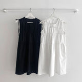 Fongt Chic Niche Retro Round Neck Pleated Bow Tie Small Sleeveless Vest Dress Woman-Outfit