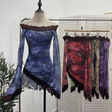 Tie-Dyed Leopard Print Lace Spliced Double-Layer Mesh Shoulder Irregular Loudspeaker Top