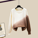 Women Autumn Winter Warm Knitted Two Pieces Sets Korean Long Sleeve Pullover Sweater Top And High Waist Knitting Skirts