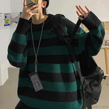 Green Striped Knitted Sweater Women Winter Pullovers Casual Oversized Sweaters Loose Harajuku Couple Sueter De