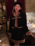 Vintage Two Piece Set Women Patchwork Elegant Sweet Y2K Mini Skirt Suit Female Korean Bow Chic Party Skirt Set Winter