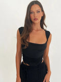 Top Black Crop Top Corset Top Women Square Neck Tank Top Sleeveless Drawstring Backless Tops Solid Streetwear White