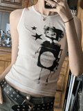 Pixel Robot Star White Cropped Tank Top-Outfit